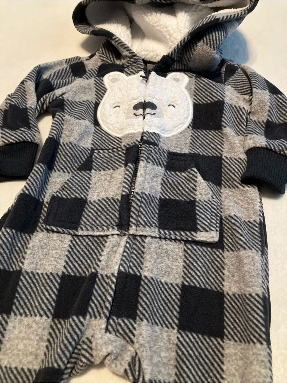Cozy Grey & Black Buffalo Plaid Baby One-Piece with Bear Applique